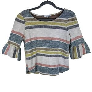 Green Envelope Terry Cloth Striped Neutral Pastel 3/4 Bell Sleeve Knit Top Sz M